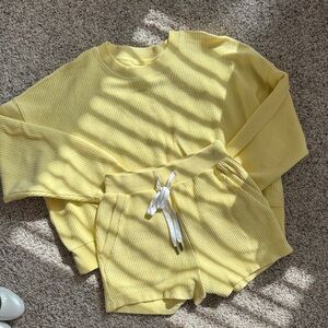 aerie Lemon Ribbed Crewneck Sweater & Drawstring Shorts Set